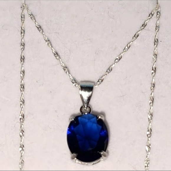 Luxury Sapphire Pendant 925 Sterling Silver Singapore Chain Necklace 18